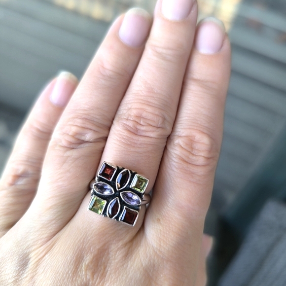 Natural Garnets Amethysts Peridots In Sterling Silver Mosaic Ring. Size 8.25 - Picture 8 of 17